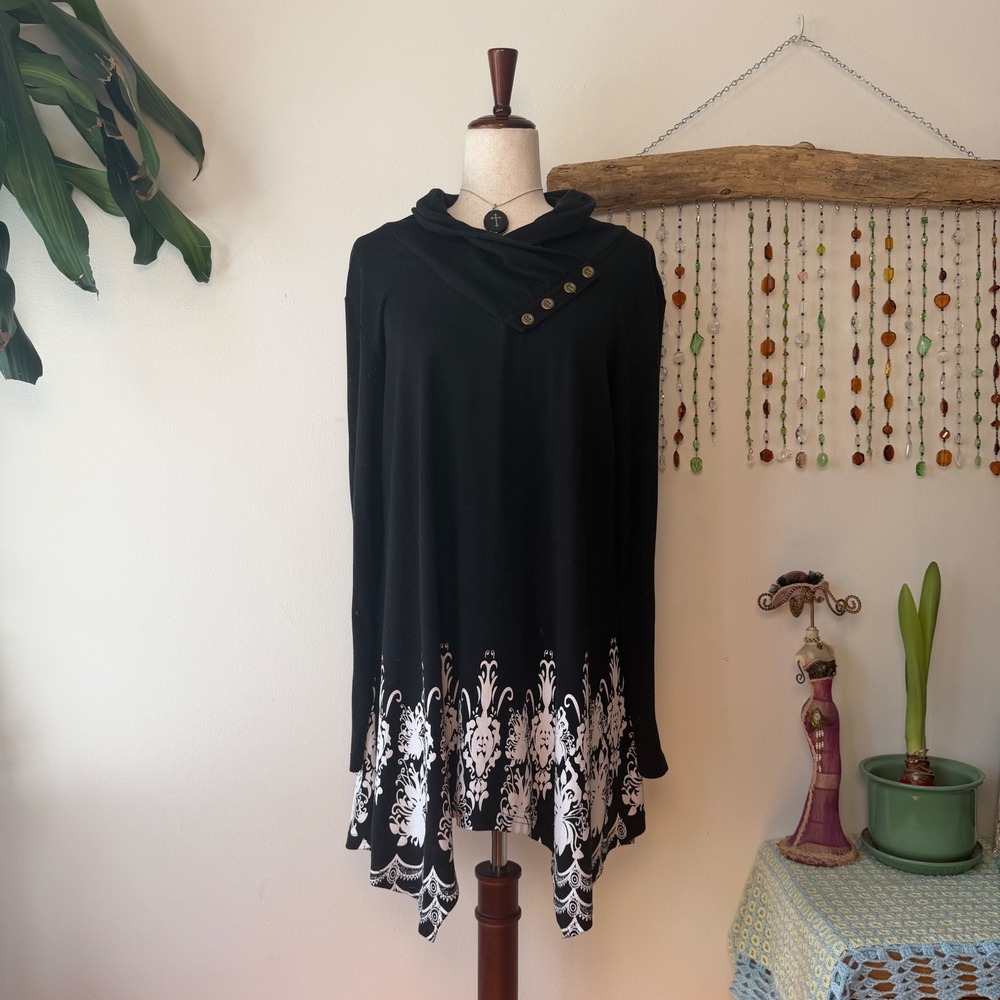 Cestyle Black White Handkerchief Hem Cowl Funnel Neck Sweater Dress Whimsygoth